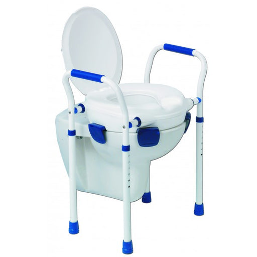 White and Blue Fairfax Toilet Frame with Lid Commode   