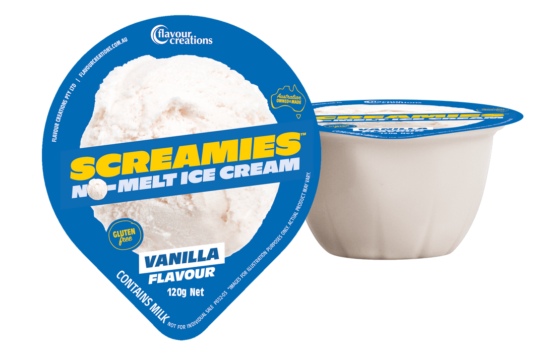 SCREAMIES No Melt Ice Cream 120g - 12 Pack Food Supplements Flavour Creations Vanilla  