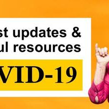 Elderly woman with her hands up. Text overlay says "latest updates and helpful resources COVID-19"
