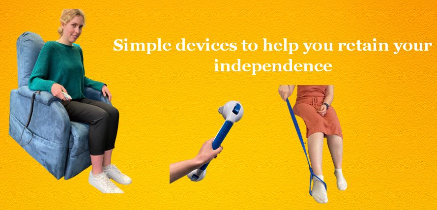 Yellow background with a chair and mobility devices on it. Text says: "Simple devices to help you retain your independence"